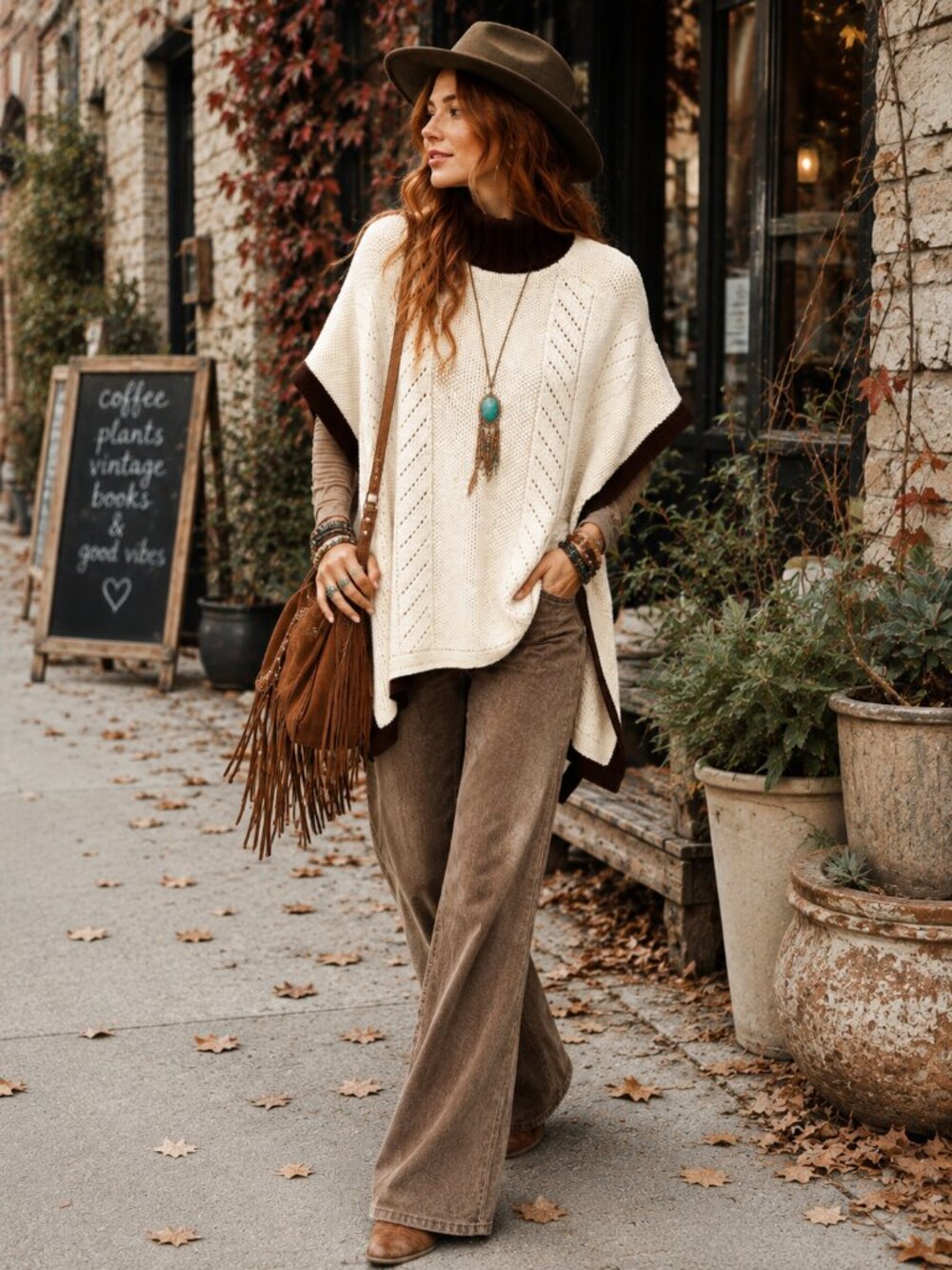 Handmade Knit Turtleneck Poncho Sampler Stitch Chevron Lace Cream Brown OS